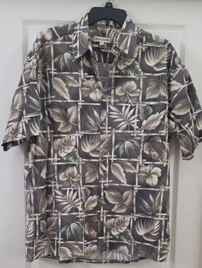 Pierre Cardin | Vintage Gray/Beige Tropical Print Short-Sleeve Cotton Button-Up